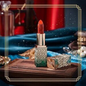 Luxury Blue Silver Ocean Cased Carved Velvet Red Tomato & Brown Lipsticks